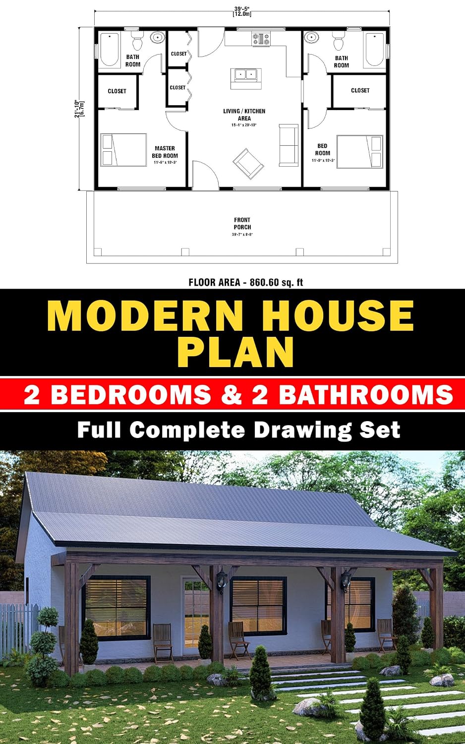Modern 2 Bedroom & 2 bath room tiny House plan with 860 square feet : Full Complete Drawing Set